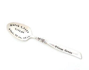 BABY Spoon PERSONALIZED with birth statistics. Custom hand stamped vintage with Name, Date, Weight and Inches. Shower, New baby gift idea.