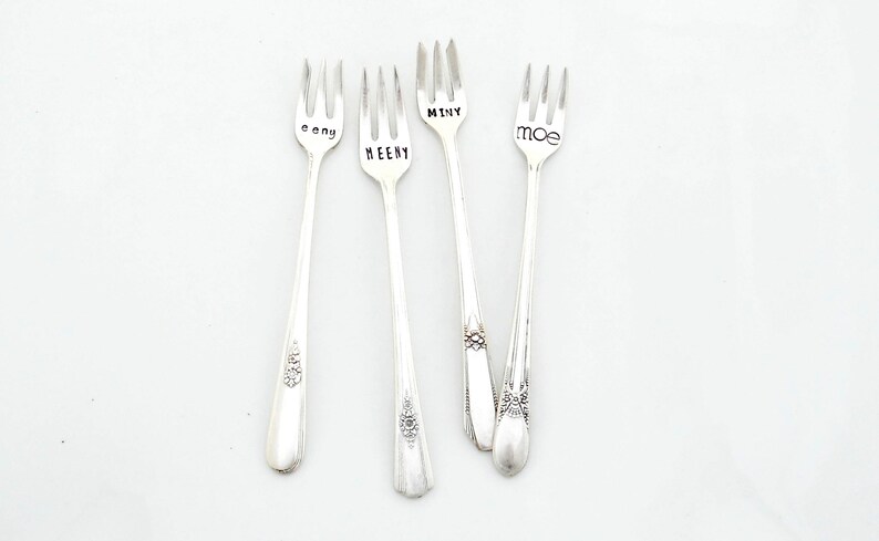 The Eeny, Meeny, Miny, Moe Cocktail Forks™ The Original by Sycamore Hill. A Uniquely Set Table™. Set of 4 Vintage Tasting Forks.Tapas Dining image 2