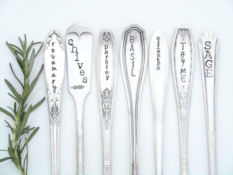 Hand Stamped Vintage Spoon Herb and Vegetable Garden Markers. Choose Quantity. Veggie Marker. Hand Stamped Garden Stakes. Urban Garden Gift image 3
