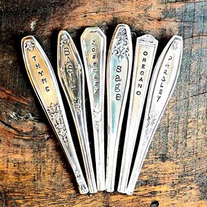 May include: Six silver spoons with engraved names of herbs: Thyme, Basil, Rosemary, Sage, Oregano, and Parsley. These spoons are a unique and practical way to label your herbs in the garden.