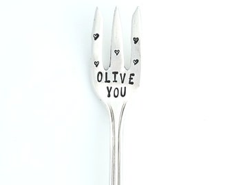 OLIVE YOU cocktail fork with hearts.  Perfect Valentine Gift for the Charcuterie Lover in you life!  Hand Stamped Vintage silverware fork