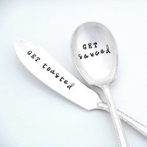 Get Sauced ~ Get Toasted™ Hand Stamped Vintage Spreader and Sauce or Condiment Spoon. Brunch Serving Set. Original Design by Sycamore Hill.