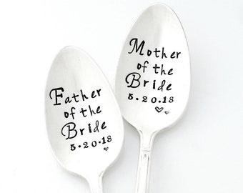 Mother and Father of the Bride Hand Stamped Teaspoons. Personalized with Wedding Date. Gift for Mother and Father of the Bride. Bridal Party