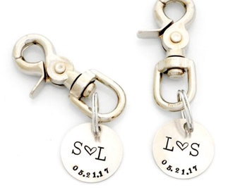 INITIALS or MONOGRAM Key Chains. Pair of Salty Dog Key Fobs. CUSTOM Longitude Latitude. Wedding. His and Her Gift. Hand Stamped Keychains