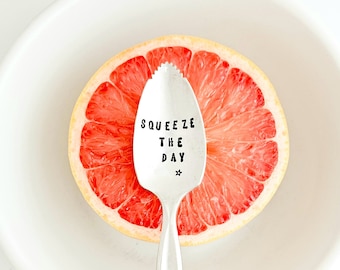 Squeeze the Day Hand Stamped Fruit Spoon. As Seen on the TODAY SHOW Kathie Lee & Hoda Personalized, Custom Vintage Serrated Grapefruit Spoon