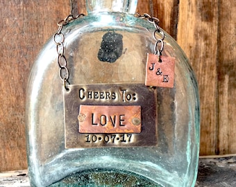 Custom Bottle Tag. CHEERS TO LOVE. Personalized Bottle Label. Brass, Copper Layered Metal. Anniversary. Wedding. Birthday. Private Reserve.