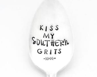 Kiss My Southern Grits Hand Stamped Large Serving Spoon. Southern Decor. The ORIGINAL Hand Stamped Vintage Spoons™  Southern Saying, Quote