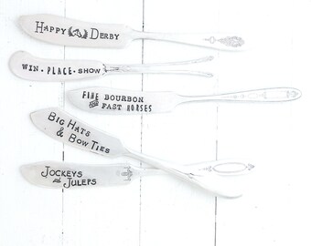 Kentucky Derby Hand Stamped Vintage Spreaders and Knives for Cheese and Butter. Horse Racing Theme Hostess Gift. Equestrian Tabletop Style