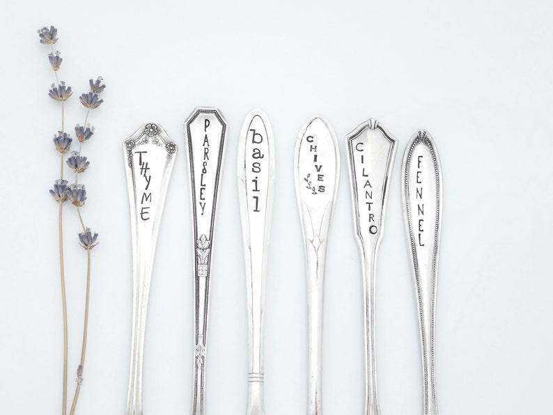 May include: Six silver spoons with engraved names of herbs: Thyme, Parsley, Basil, Chives, Cilantro, and Fennel.