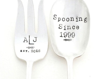 CUSTOM Serving Fork and Spoon Set. Hand Stamped Vintage Silverware. Sycamore Hill,  The ORIGINAL. Made to Order, Choose font, silver pattern