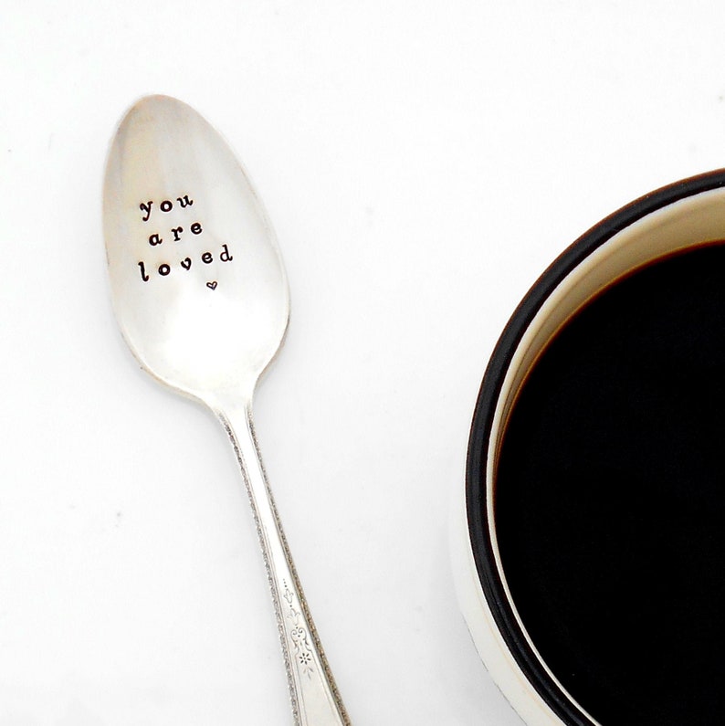 you are loved with heart design hand stamped coffee spoon. The Original Hand Stamped Vintage Coffee Spoons™ Sycamore Hill. Stamped Teaspoon image 1