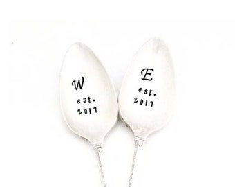 Bridal, Wedding Spoons with Initials and date. Custom Monogram Stamped Spoon. Spoon Pair. Calligraphy Font. Script Fonts. You Choose Font.