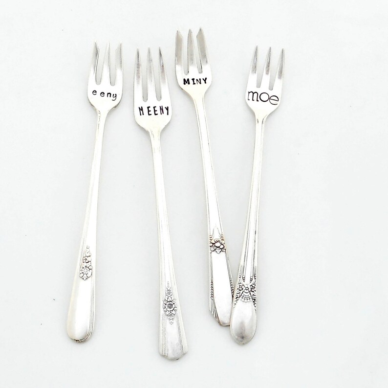 The Eeny, Meeny, Miny, Moe Cocktail Forks™ The Original by Sycamore Hill. A Uniquely Set Table™. Set of 4 Vintage Tasting Forks.Tapas Dining image 1