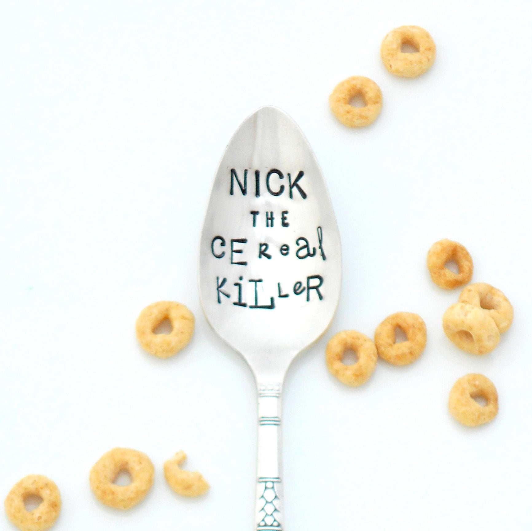 Cereal Killer in Ransom Note Style Lettering Hand Stamped Vintage Spoon by Milk & Honey.