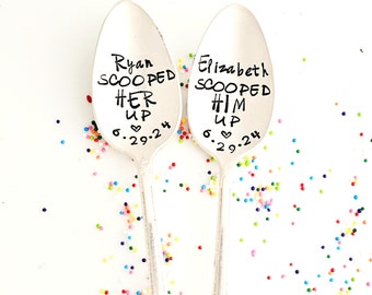 Ice Cream Spoon Pair with Wedding Date.  She Scooped Him Up. He Scooped Her Up. Custom Stamped Tablespoons. Gift Idea for Wedding Shower