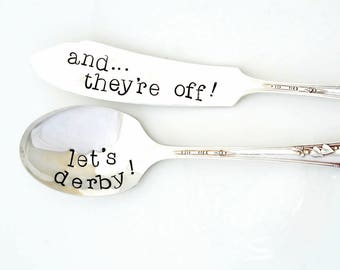And They're Off ~ Let's Derby™ Hand Stamped Vintage Master Spreader and Sauce or Condiment Spoon. Brunch. Derby Party Gift.