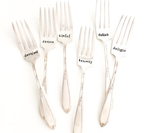 Custom Hand Stamped Dessert Forks. Decadent, Delish, Delight, Heavenly, Sinful, Delight.