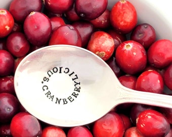 CRANBERRYLICIOUS™ Cranberry Sauce Serving Spoon. Hand Stamped Vintage Silverware and Spoons for Holiday Tabletop. Thanksgiving. Christmas.