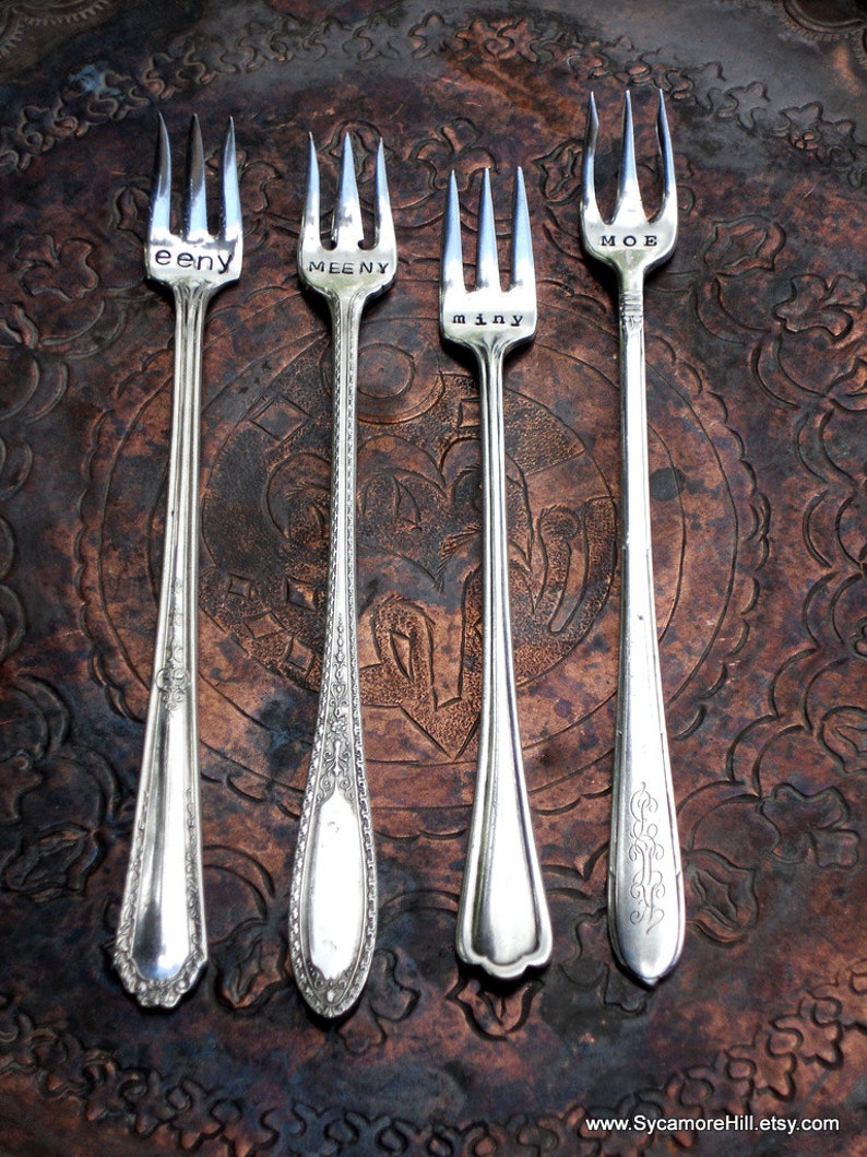 The Eeny, Meeny, Miny, Moe Cocktail Forks™ The Original by Sycamore Hill. A Uniquely Set Table™. Set of 4 Vintage Tasting Forks.Tapas Dining image 6