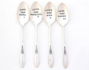 Love You MOM, Madre, Mamacita Mama Hand Stamped Spoon.  The ORIGINAL Hand Stamped Vintage Coffee Spoons™ by Sycamore Hill. Mother's Day Gift