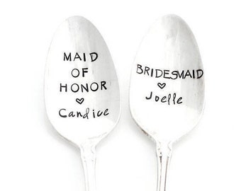 Gift for Maid of Honor, Bridesmaid and Wedding Party. Personalized Hand Stamped Teaspoons for Bridal Party.  The ORIGINAL by Sycamore Hill