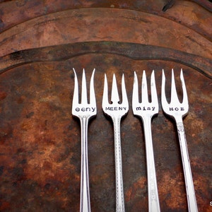 The Eeny, Meeny, Miny, Moe Cocktail Forks™ The Original by Sycamore Hill. A Uniquely Set Table™. Set of 4 Vintage Tasting Forks.Tapas Dining image 5