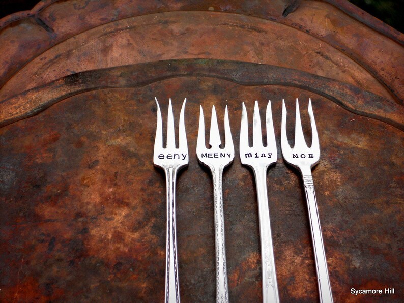 The Eeny, Meeny, Miny, Moe Cocktail Forks™ The Original by Sycamore Hill. A Uniquely Set Table™. Set of 4 Vintage Tasting Forks.Tapas Dining image 5