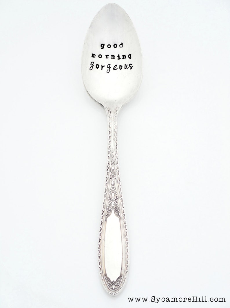 The ORIGINAL Hand Stamped Vintage Spoons\u2122 by Sycamore Hill Chocolate Spoon. Hot Cocoa with hearts PEACE love COCOA Hand Stamped Teaspoon