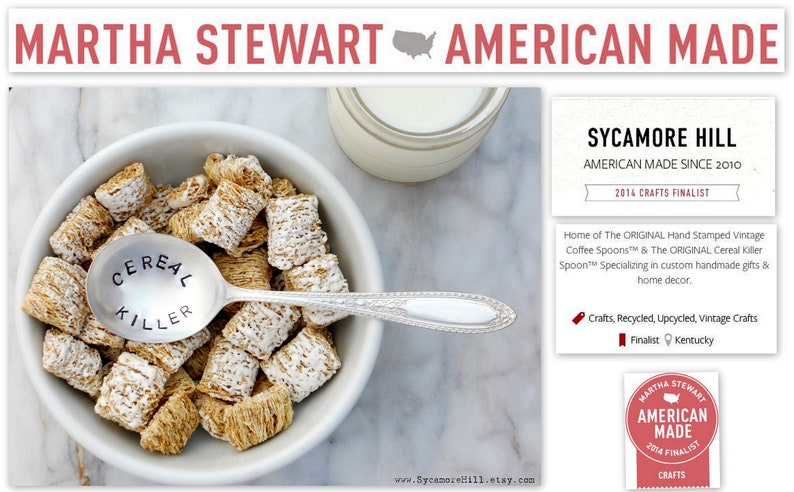 May include: A white bowl filled with cereal and a silver spoon with the words "Cereal Killer" stamped on it. The spoon is resting on the edge of the bowl. The image is a close-up of the bowl and spoon. The background is a white marble surface. The text "Sycamore Hill American Made Since 2010 2014 Crafts Finalist" is visible in the image.