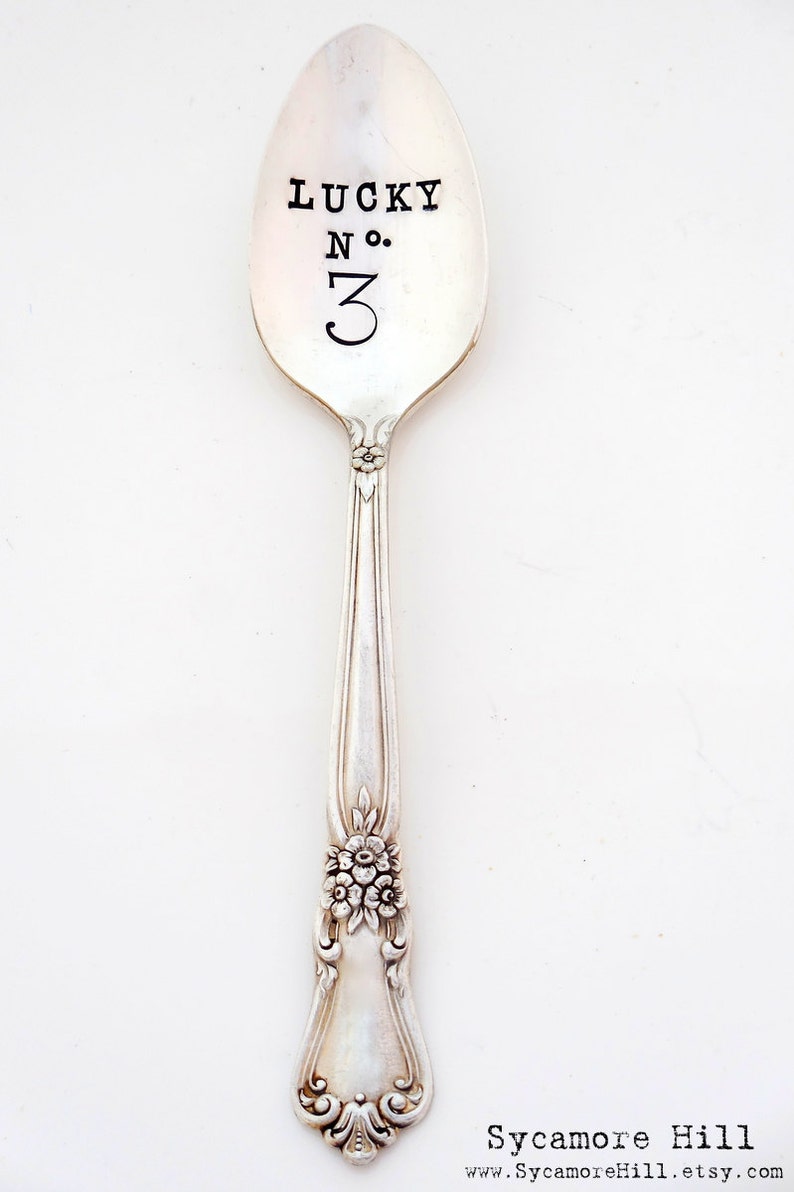 Your Choice of Pattern Love /& Luck. 3 Stamped Spoon Numbers Coffee Lover Lucky No Tea Lover Font Made to Order Custom Lucky Number