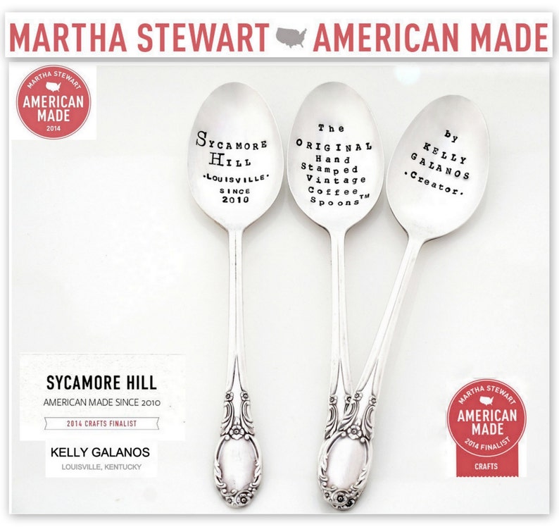 The ORIGINAL Hand Stamped Vintage Spoons\u2122 by Sycamore Hill Chocolate Spoon. Hot Cocoa with hearts PEACE love COCOA Hand Stamped Teaspoon