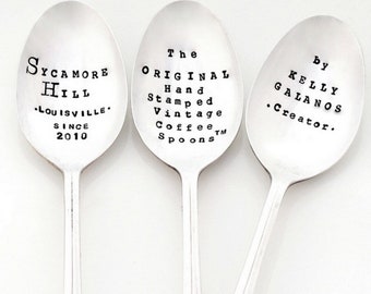 CUSTOM Stamped SPOON. Your Words. The ORIGINAL Hand Stamped Vintage Silverware by Sycamore Hill. Personalized Flatware, Teaspoons. Quotes.