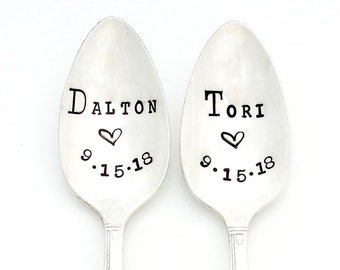 The Wedding Pair. Stamped Spoons.  Mr. & Mr. Same Sex Wedding Set. The ORIGINAL Hand Stamped Vintage Coffee Spoons™. Engagement Gift Idea.