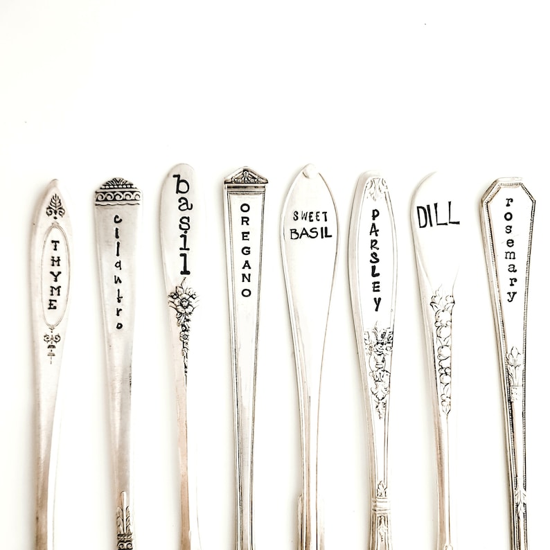 Hand Stamped Vintage Spoon Herb and Vegetable Garden Markers. Choose Quantity. Veggie Marker. Hand Stamped Garden Stakes. Urban Garden Gift image 1