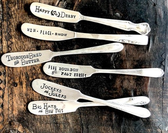 Hand Stamped Vintage Silver Spreader, Happy Derby Gift