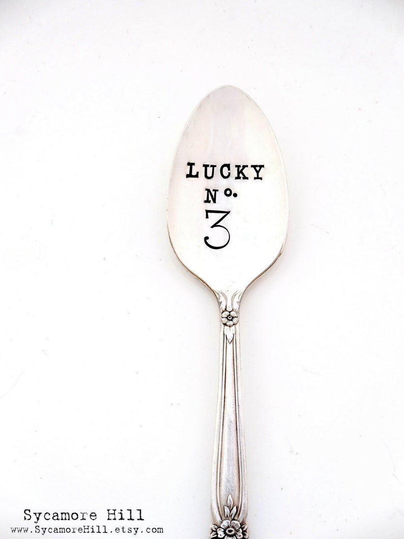 Your Choice of Pattern Love /& Luck. 3 Stamped Spoon Numbers Coffee Lover Lucky No Tea Lover Font Made to Order Custom Lucky Number