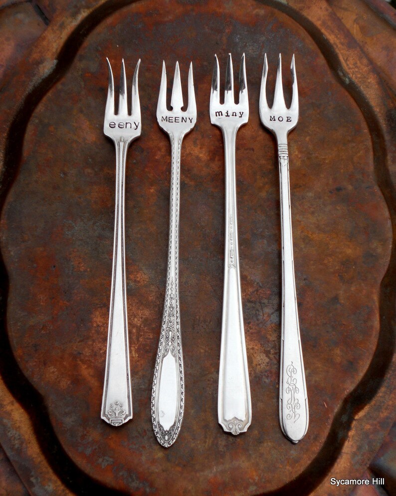 The Eeny, Meeny, Miny, Moe Cocktail Forks™ The Original by Sycamore Hill. A Uniquely Set Table™. Set of 4 Vintage Tasting Forks.Tapas Dining image 4