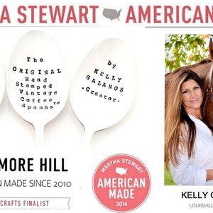 May include: Three silver spoons with black lettering. The spoons are stamped with the text "Sycamore Hill", "The Original Hand Stamped Vintage Coffee Spoons", and "By Kelly Galanos, Creator". The spoons are displayed on a white background with the text "Sycamore Hill, American Made Since 2010, 2014 Crafts Finalist" and a red circle with the text "Martha Stewart American Made 2014". A photo of a woman with long brown hair and a white shirt is on the right side of the image. She is standing next to a brown horse with a brown leather halter. The text "Kelly Galanos, Louisville, Kentucky" is below the photo.