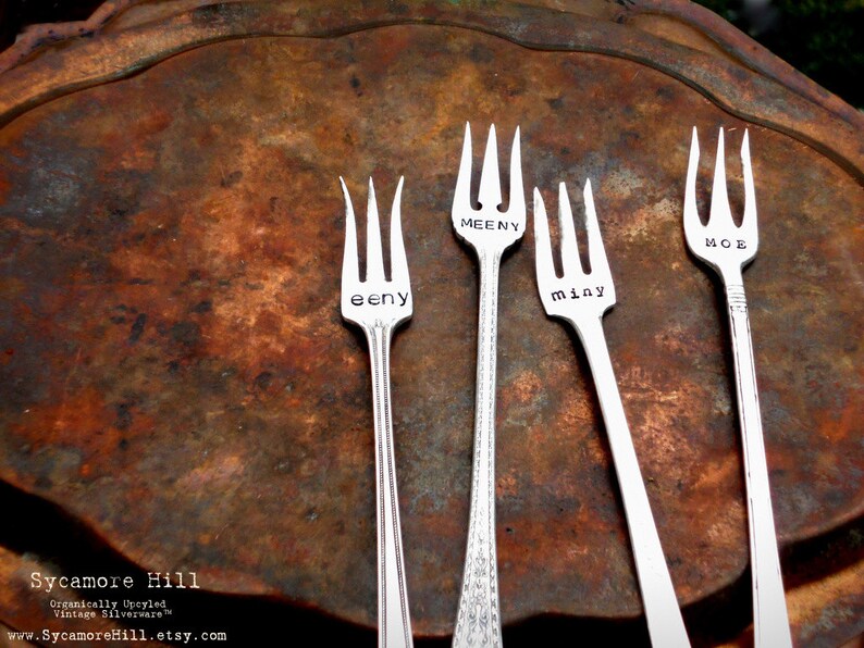 The Eeny, Meeny, Miny, Moe Cocktail Forks™ The Original by Sycamore Hill. A Uniquely Set Table™. Set of 4 Vintage Tasting Forks.Tapas Dining image 3