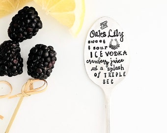 The OAKS LILY Hand Stamped Cocktail Spoon. Lilies for the Fillies. The ORIGINAL Subway Poster Art Style Flattened Cocktail Stirrer Spoon