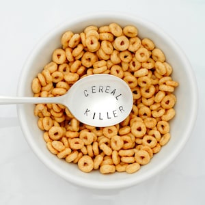 The ORIGINAL Cereal Killer™ Stamped Spoon. Lefty Cereal Spoon. Hand Stamped Vintage Silver Breakfast Spoon. Original Design by Kelly Galanos