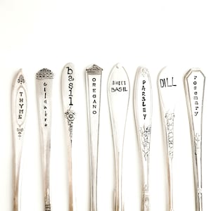 May include: Nine silver spoons with engraved names of herbs, including Thyme, Cilantro, Basil, Oregano, Sweet Basil, Parsley, Dill, and Rosemary.