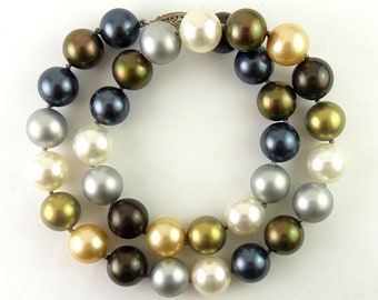 Exotic Faux South Seas COLORED GLASS Pearl Necklace, Sterling Clasp, Large 12mm Pearls