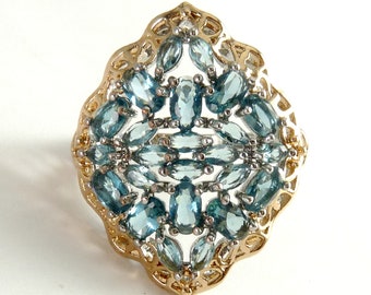 Large Sterling & Silver Gold Vermeil Blue Apatite Cluster Ring