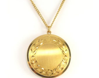 Large Vintage 14K Gold-Filled Round Engraved  Locket, 24" G.F. Chain
