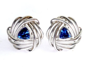 Sterling Silver & Brilliant Blue Trillion CZ Triangular Earrings, Omega Backs