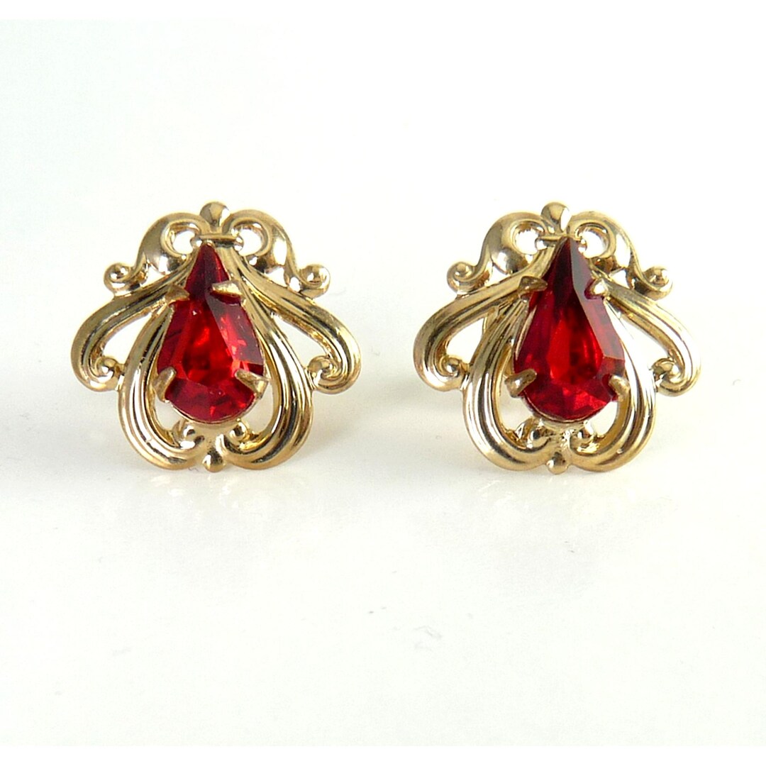 Vintage Bojar 10K Gold & Red Crystal Scrolled Pierced Post Earrings ...