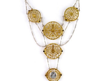 Victorian Gilt Brass, Sterling & Aquamarine Verge' Fusee' Cock Watch Necklace, Made from Georgian Watches