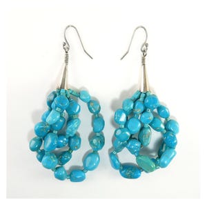 Native American Long Turquoise Beads 3-Loop Dangle Earrings, Sterling Cone Tops