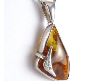 Polish Baltic Amber Modernist Sterling Silver & CZ Pendant Necklace, Gdansk, Signed